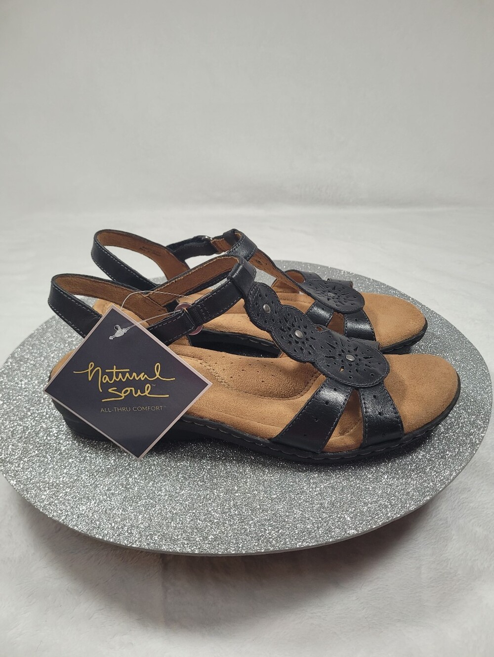 Natural Soul Barton Black Leather Slingback Sandals Laser Cut 9M New - Picture 4 of 12